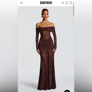BABYBOO Off-Shoulder Lace Maxi Dress in Chocolate Brown